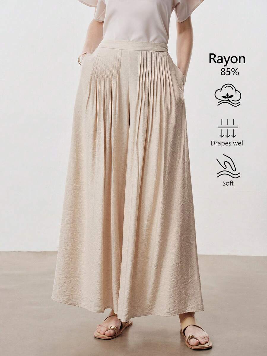 Aalyst 女士夏季休闲裤，优雅褶裥腰身设计，阔腿裤型，亚麻质感，卡其色，适合外出、婚礼、职场、浪漫假期等场合。 - 卡其色 - 查看 1