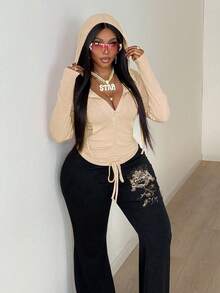 Maweii 大码女式性感连帽长袖束腰卫衣和喇叭裤两件套，弹力舒适，休闲街头风，日常穿着 - 彩色 - 查看 4