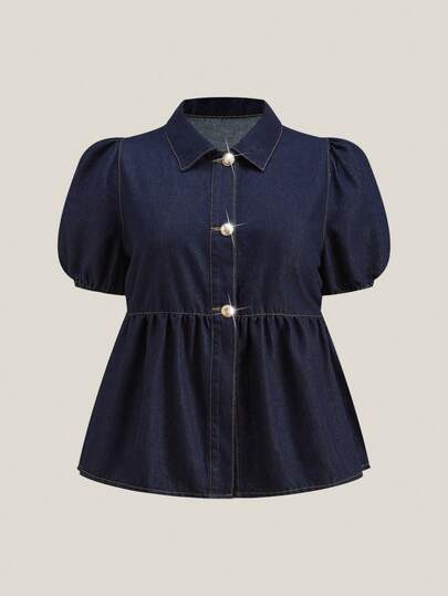 SHEIN MOD Plus Size Casual Washed Puff Sleeve Denim Blouse Summer Top Spring Women Valentine For Women Birthday Blouse For Women Going Out Blouse Elegant Blouses For Ladies Vacation Women Casual Blouses For Women Women's Dark Wash Denim Peplum Top With Puffy Short Sleeves And Collar