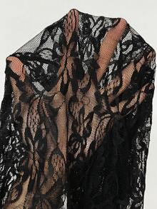 SHEIN PETITE 1pc Women Asymmetric Collar Sparkly Mesh Long Sleeve Fashion Top - Black - View 8