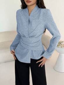 NOVVYNE 女士优雅灰色长袖A字褶皱衬衫，收腰设计，披肩领，秋季款 - 藍色 - 查看 3