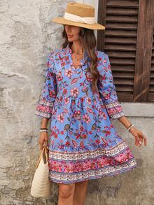 EMERY ROSE 女士碎花印花V领荷叶边下摆休闲迷你连衣裙 - 彩色 - 查看 5