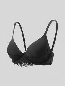 舒适蕾丝聚拢上托无钢圈薄杯极简文胸 - 黑色 - 查看 6