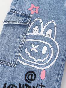 SHEIN ChillGRL 1 chiếc quần jeans nữ tuổi teen phong cách thường ngày sành điệu, kiểu dáng đường phố, in chữ hoạt hình, phong cách sinh viên, đi nghỉ mát, dáng rộng, đã giặt. - Rửa nhẹ - Xem 6