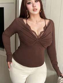 REIGN AVE Plus Size Fitted Solid Color Contrast Lace Cropped Long Sleeve Versatile T-Shirt Going Out Tops Women - Brown - View 4