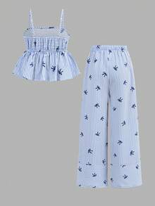 Firerie Kids 少女蝴蝶结花卉蓝色条纹吊带背心+宽松长裤两件套，休闲时尚，百搭，适合派对、郊游、姐妹合照、公园、露营、度假、日常休闲等场合。 - 藍色 - 查看 2