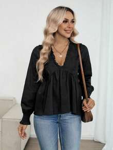 Louniche 女士休闲百搭显瘦纯色亚麻深V泡泡袖长袖衬衫，春秋季 - 黑色 - 查看 8
