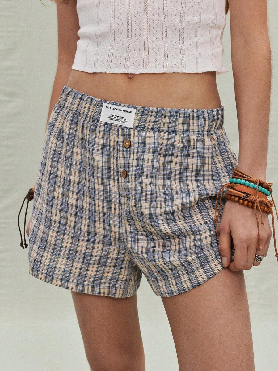 SoleilVie Quần short nữ kẻ caro kiểu retro, thích hợp mặc mùa hè. - màu nâu - Xem 1