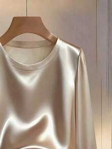 Franclia 1 chiếc áo nữ thanh lịch, màu trơn, cổ tròn, tay raglan, thích hợp đi làm - Rượu sâm banh - Xem 3