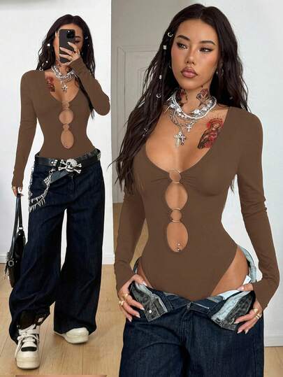 Coolane Mono negro de manga larga con cortes, elástico, estilo streetwear de otoño/todo el año, para festivales de música, estilo Gyaru Y2K