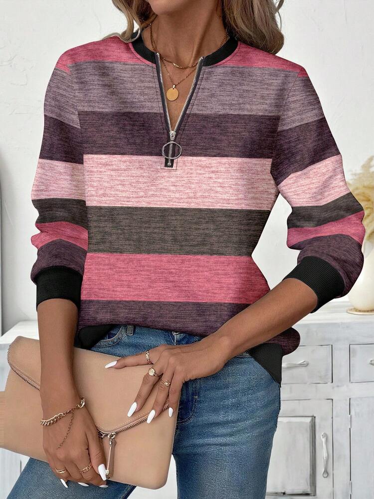 Plus Size Women Casual Textured Striped Print Zip-Up Crew Neck Sweatshirt Women Long Sleeve Tops Pullover For Women Striped Long Sleeve - Multicolor - View 4
