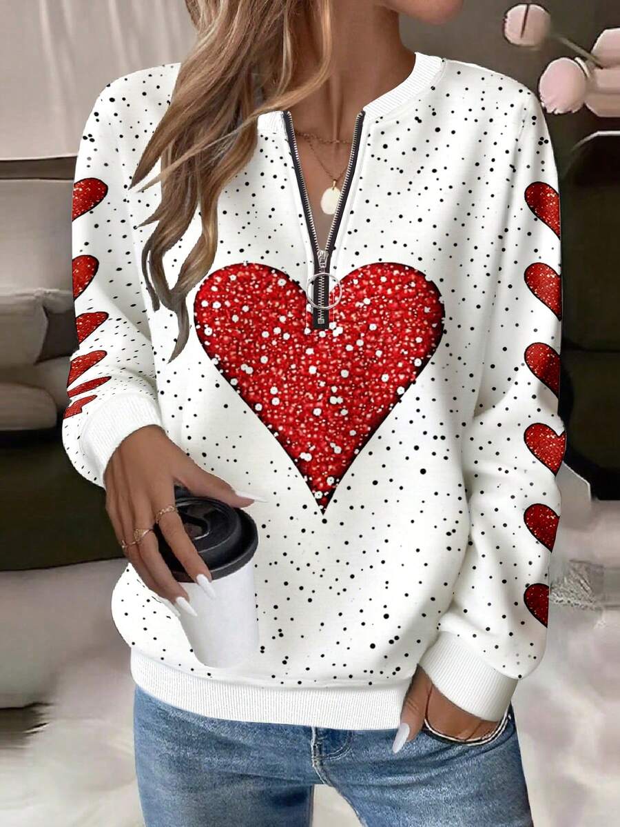 EMERY ROSE 加大码女式爱心波点印花拉链圆领卫衣 - 彩色 - 查看 1