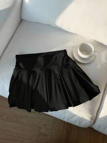 SHEIN Tall CURVE Chân váy chữ A xếp ly tối giản màu trơn cỡ lớn, phong cách thường ngày và sinh viên. - màu đen - Xem 4