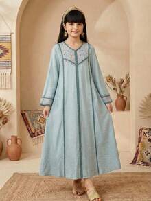 SHEIN 少女休闲V领长袖连衣裙 - 綠色 - 查看 2