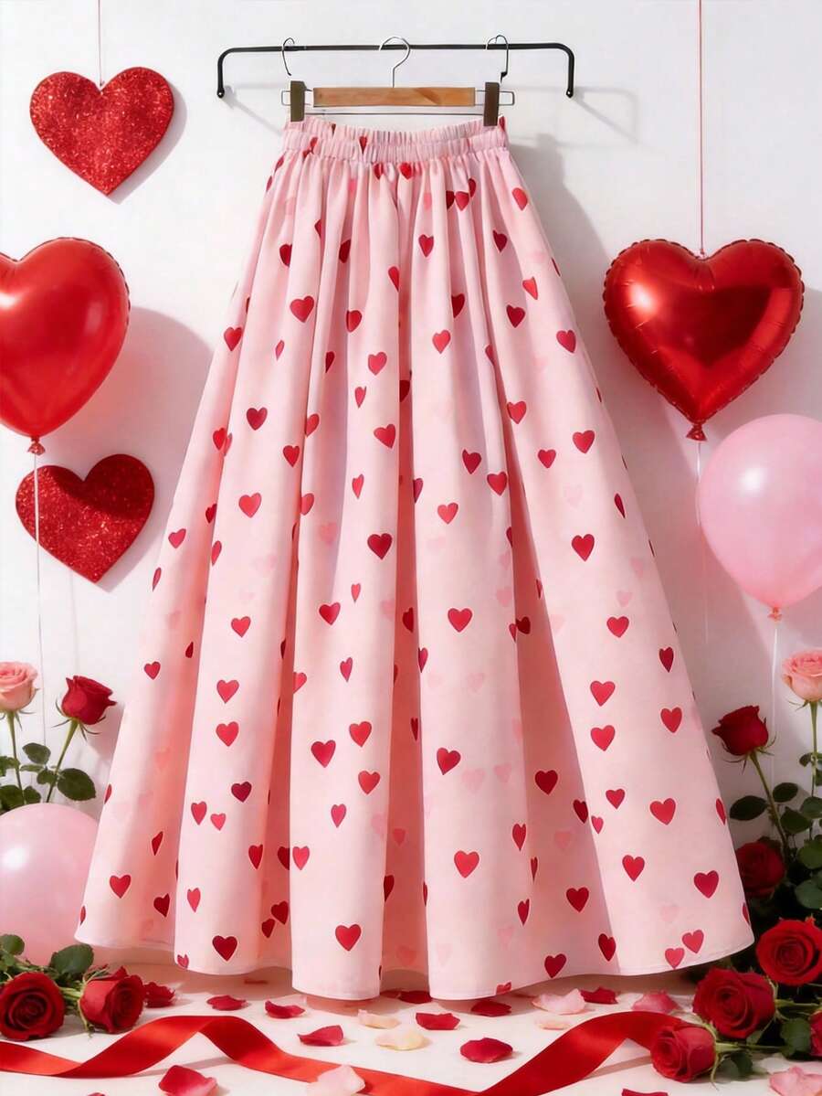 Chiquease 女士优雅情人节中长裙，简约休闲，适合度假穿着。百搭不对称爱心印花弹力腰带裙，高腰弹力腰带搭配A字廓形，舒适显瘦，温柔知性，优雅高端，时尚百搭，适合通勤、日常、夏季、派对、海滩、约会、毕业典礼、商务等各种场合。都市时尚百搭，爱心印花裙，气球裙，粉色长裙，可爱裙，草莓爱心裙 - 彩色 - 查看 1