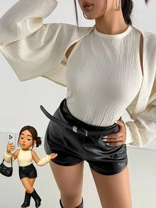 Aidyla Women's Autumn Knitted Apricot Textured Vest & Bolero Shrug Top, Casual Korean Style Top For Date Casual Apricot Women's Rib-Knit Long Sleeve Top With Round Neck And Regular Hem Women's Casual Apricot Rib-Knit Round Neck Regular Length Top With Regular Wrist-Leng - Apricot - View 5