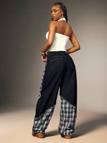 Denimoi Plaid Contrast Baggy Barrel Jeans Boyfriend Jeans Fashionable Streetwear Statement Jeans - Dark Wash - View 2