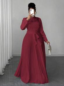 Maweii 大码女士优雅拼接收腰长裙 - 酒紅色 - 查看 5