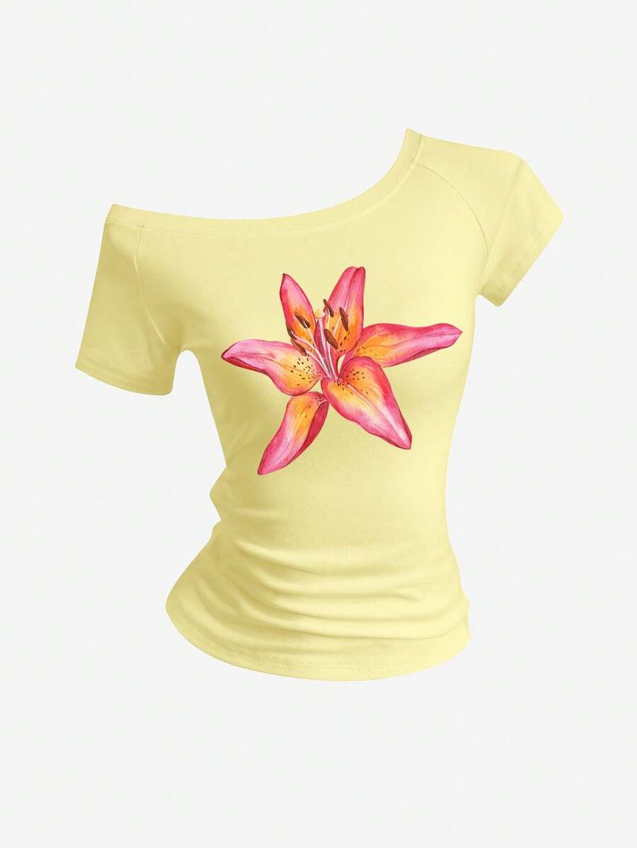 Sweetra Women's Summer Slim Fit Asymmetrical Shoulder T-Shirt, Hibiscus Floral Beach Basic Asymmetrical Shoulder Top - Yellow - View 1