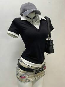 Resyla Women's Collared Button Half-Placket 2 In 1 Casual Everyday Short Sleeve T-Shirt Black And White Tops Preppy Tops Black And White Blouse Office Tops Women Cute Black Tops - Black and White - View 4