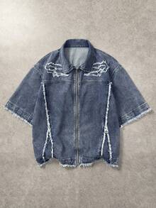 ROMWE MEN Street Life Veste en jean décontractée à manches courtes avec fermeture éclair et bord effiloché de couleur unie pour hommes - Bleu azur - Voir 8