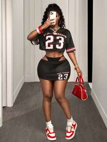 BamGleam Women's Numeric Print Round Neck Short Sleeve Cropped Top And Bodycon Mini Skirt Sexy 2-Piece Set - Multicolor - View 5