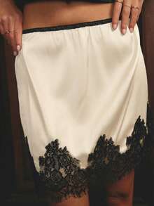 Aralina Chic Satin Lace Trim Scalloped Hem High Waist Elegant Sexy Vacation Outfits Women Mini Skirt