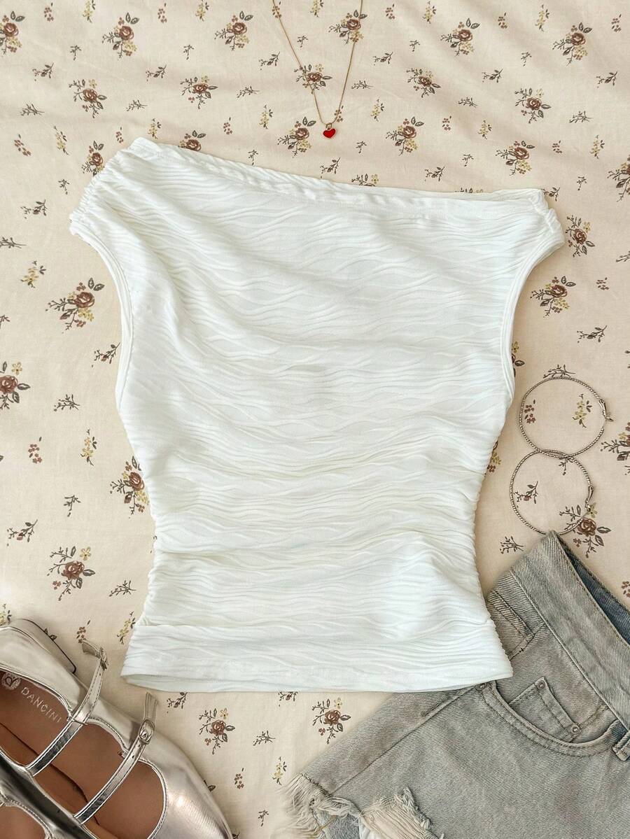 Teen Girls White Textured Knit Casual Minimalist Fitted Asymmetric Ruched Crop Top, Suitable For Spring/Summer, Casual, Personalized Styling, Daily Wear - Apricot - View 1