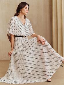 Anewsta Đầm đen chấm bi cổ chữ V thanh lịch kiểu vintage dành cho nữ - trắng - Xem 3