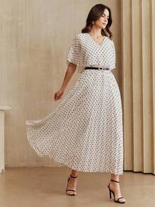 Anewsta Đầm đen chấm bi cổ chữ V thanh lịch kiểu vintage dành cho nữ - trắng - Xem 7