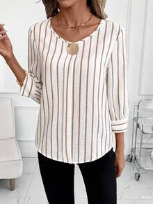 SHEIN Clasi 女士休闲印花圆领卷袖衬衫，通勤装 - 彩色 - 查看 3