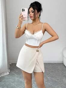 SHEIN Elenzya Light Khaki High Waist A-Line Shorts With Metal Buckle Decor, Slimming Effect - Khaki - View 6