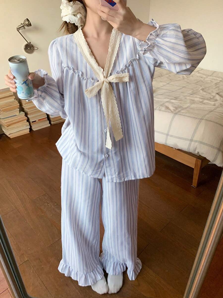 DAZY 条纹荷叶边系领荷叶边下摆女士睡衣套装 - 藍色 - 查看 1