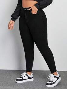 SHEIN ICON Quần jeans skinny dáng suông, túi xéo, màu trơn, cỡ lớn, kiểu dáng thường ngày. - màu đen - Xem 1