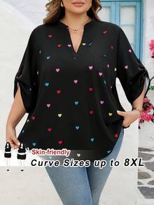 SHEIN CURVE+ 加大码女式V领爱心印花休闲日常通勤中袖衬衫/情人节/大码女式V领爱心印花休闲日常通勤中袖衬衫 - 彩色 - 查看 9