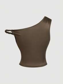 SHEIN MOD 不对称肩部复古图案扭结前襟上衣 - 棕色 - 查看 2