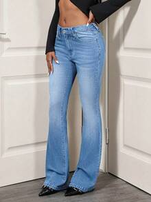 SHEIN Tall Denim Flare de Cintura Baixa Moda Casual Diária de Transporte para Mulheres - Lavagem clara - Visão 3
