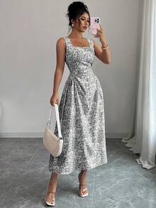 Rafferiza Women's French Style Vacation Blue Floral Print Ruffle Sleeveless Dress - Black - View 3