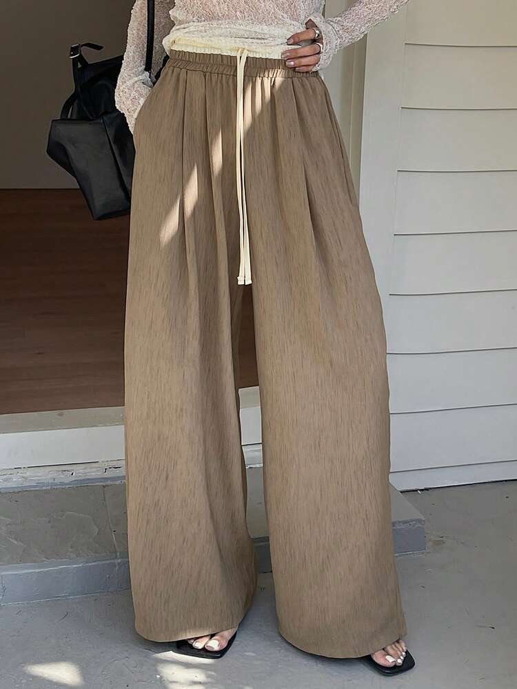 Women's Elastic Waist Tie Drawstring Wide Leg Pants, Patchwork Color Block Casual Vacation Trousers, Spring/Summer