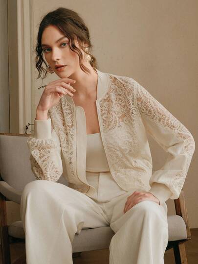 Anewsta High-Quality French Retro Elegant Hollow-Out Lace Patchwork Baseball Jacket, Sheer Hollow-Out Zipper Short Jacket, Commuting Casual Versatile Niche Design Top