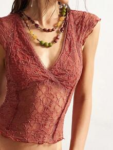 Bohemela Áo nữ dệt kim ren cổ chữ V màu trơn, dáng ôm, thích hợp cho mùa xuân đến hè, trang phục đi nghỉ mát, trang phục ngày lễ tình nhân, trang phục mùa hè, áo hè, quần áo mùa hè, áo đỏ. - Màu Cam cháy - Xem 3