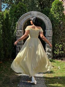 Lyrianda Modest Plus Size Vintage Elegant Off-Shoulder Dress, Spring/Summer - Pale Yellow - View 2