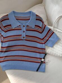 DAZY Women's Polo Collar Short Sleeve Striped Casual Pullover Sweater - Blue - View 4