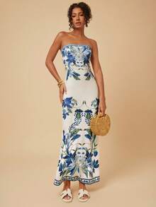 Travachic Women's Floral Print Bandeau Vacation Dress - Blue and White - View 3