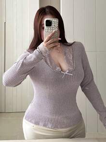 Dazy Plus 撞色蕾丝性感修身露脐长袖百搭T恤，柔和紫色，春秋季 - 淡紫色 - 查看 5