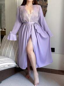 Dazy Plus Elegant Contrast Lace Sexy Waist Cinched Long Sleeve Maxi Plus Size Women Nightgown, Spring/Summer Pajamas - Purple - View 4