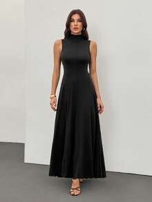 SHEIN Tall Đầm cổ cao không tay màu đen cho nữ, đầm dài mùa thu, trang phục đi biển cho nữ, đầm thanh lịch, đầm dạ hội, đầm mùa thu cho nữ, đầm dự tiệc prom, đầm, đầm dự lễ hội homecoming, trang phục đi biển cho nữ, đầm, đầm vintage, đầm đen, đầm hè cho nữ, đầm dự tiệc trà. - màu đen - Xem 3