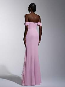 Elitara 优雅浪漫莲花粉色编织露肩褶皱垂袖褶裥网纱刺绣3D立体花朵假开衩鱼尾裙摆连衣裙，适合晚宴、约会、度假、舞会、婚礼、伴娘等场合 - 藕粉色 - 查看 3