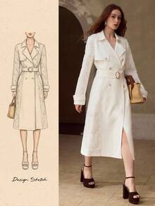 MOTF PREMIUM 春夏款蕾丝拼接翻领双排扣长款风衣，配有搭扣腰带 - 白色 - 查看 8