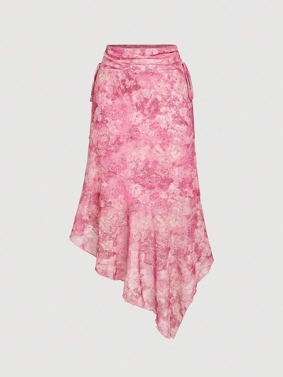 SHEIN MOD Vintage Print Asymmetrical Hem Ruched Waist Side Tie Skirt - Hot Pink - View 1